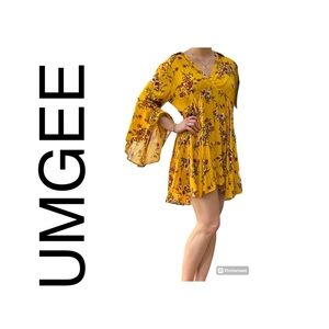 Umgee Mustard Floral Print Bell Sleeve Button Dress, M
